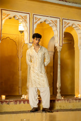 Off White Cotton Blend Sequin Mens Kurta