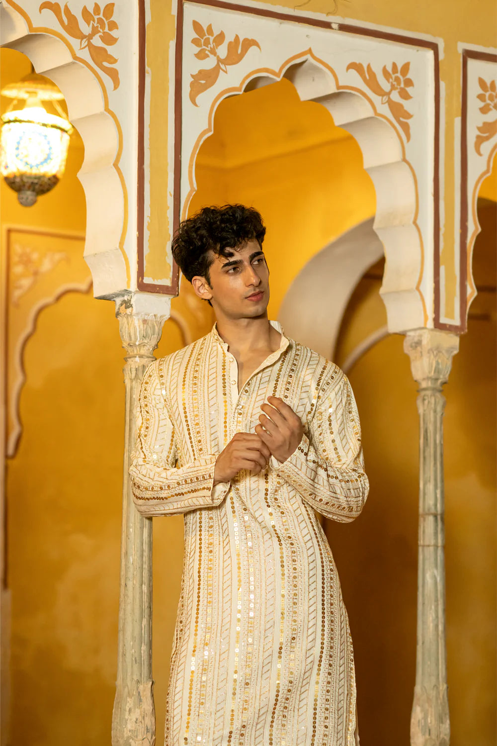 Off White Cotton Blend Sequin Mens Kurta