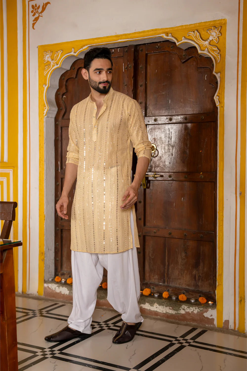 Pastel Yellow Georgette Sequin Mens Kurta