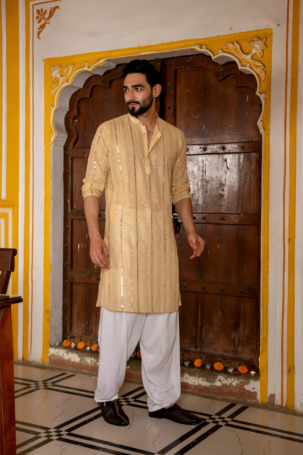 Pastel Yellow Georgette Sequin Mens Kurta