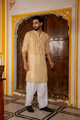 Pastel Yellow Georgette Sequin Mens Kurta