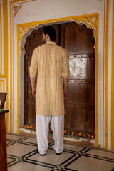 Pastel Yellow Georgette Sequin Mens Kurta