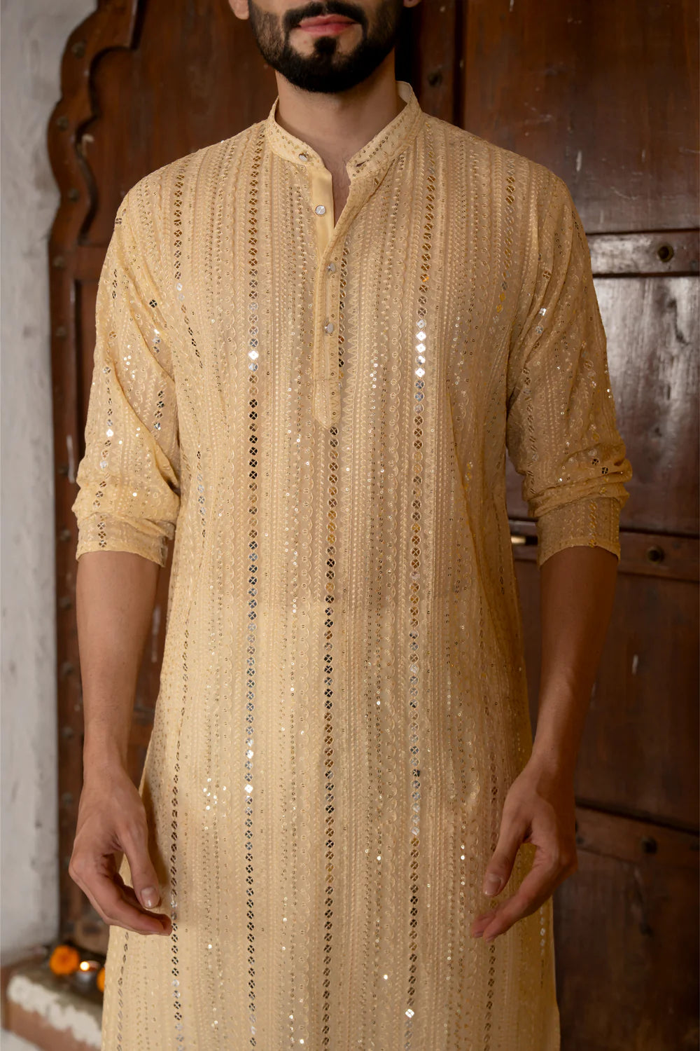Pastel Yellow Georgette Sequin Mens Kurta