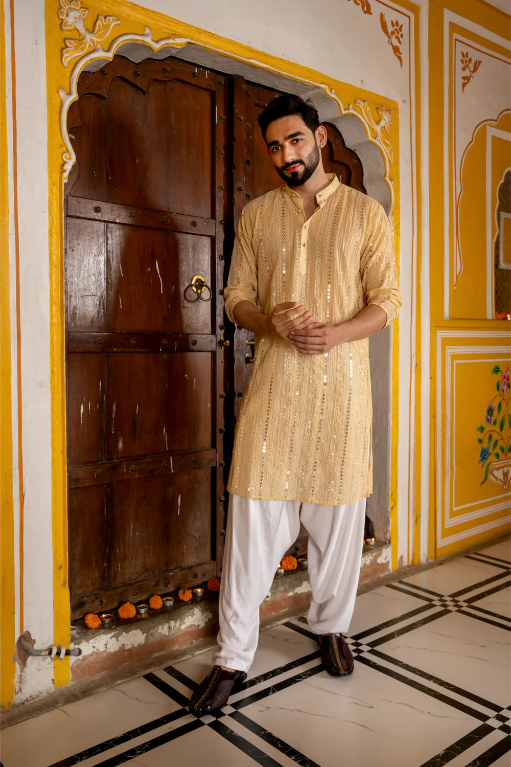 Pastel Yellow Georgette Sequin Mens Kurta