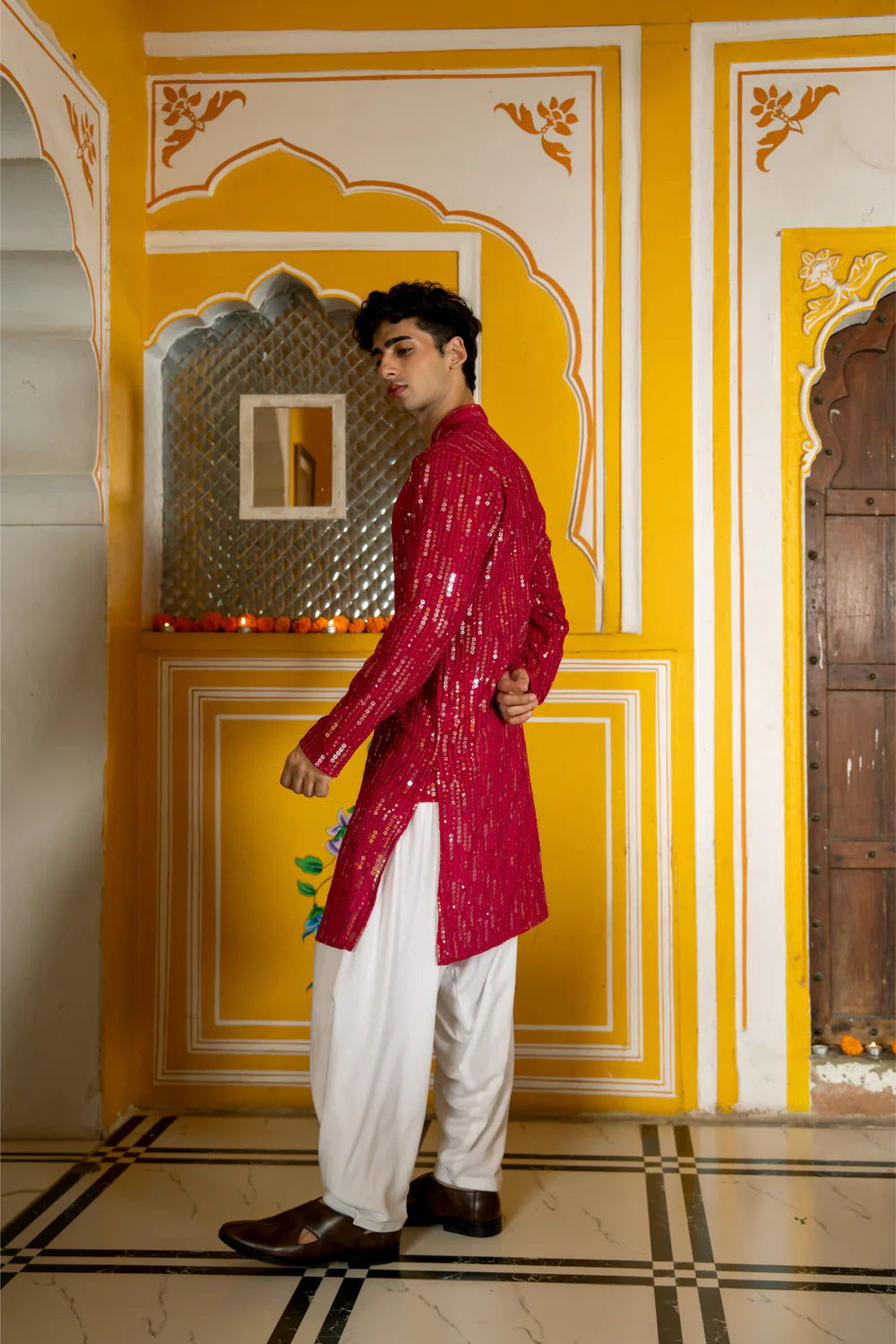 Pink Georgette Sequin Embroidered Festival Mens Kurta