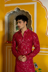 Pink Georgette Sequin Embroidered Festival Mens Kurta