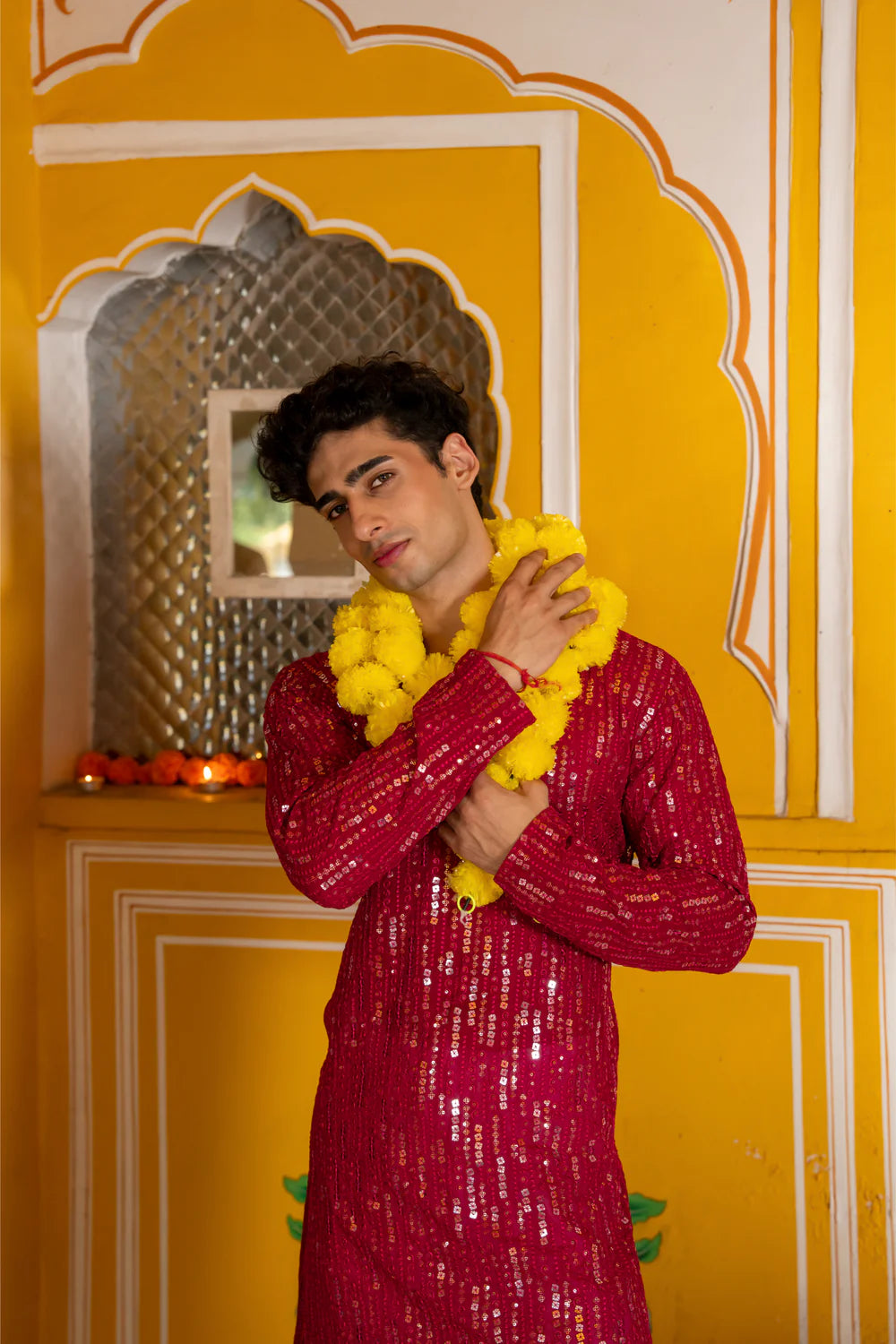 Pink Georgette Sequin Embroidered Festival Mens Kurta