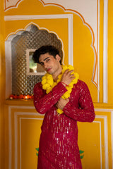 Pink Georgette Sequin Embroidered Festival Mens Kurta