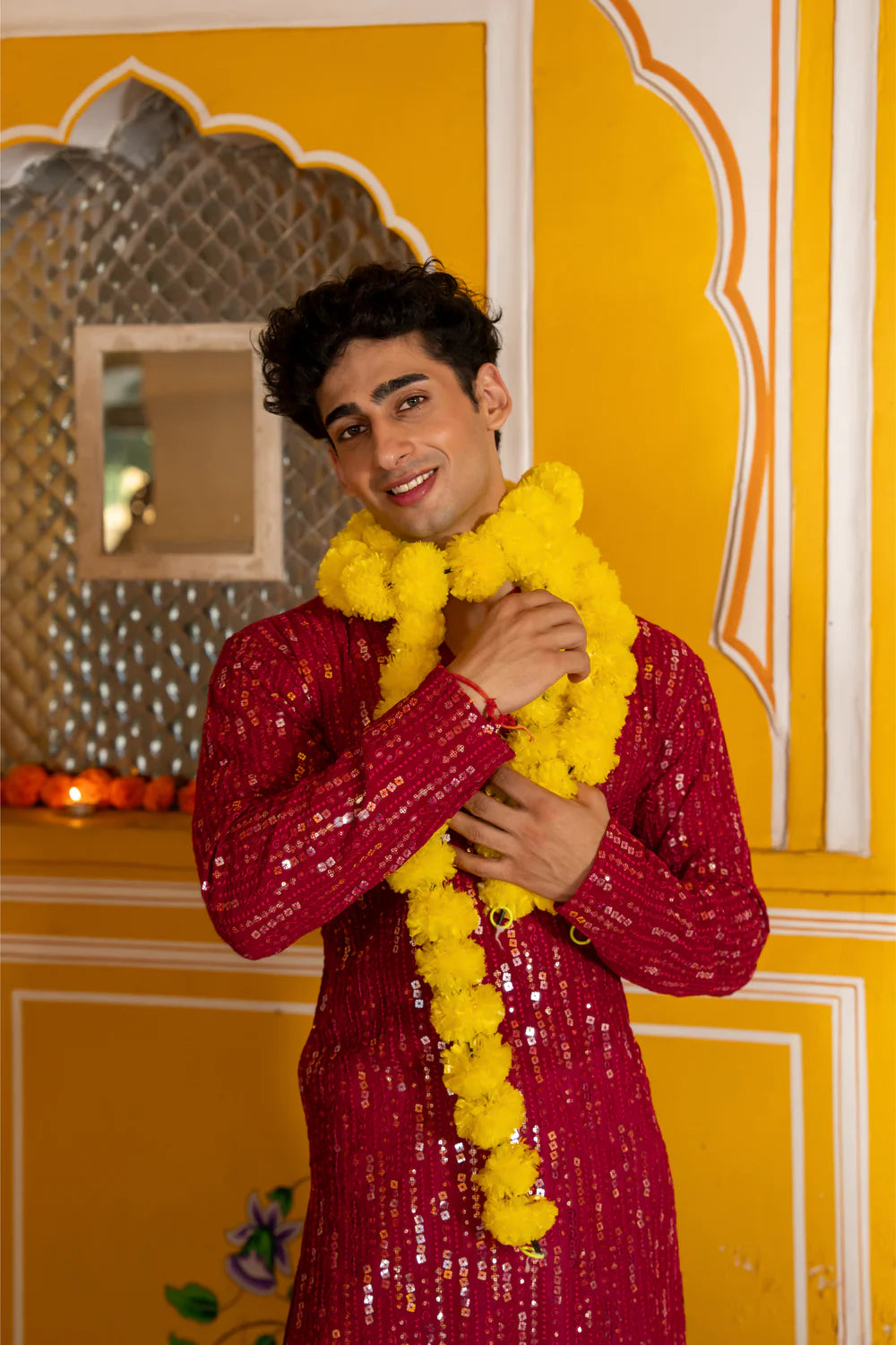 Pink Georgette Sequin Embroidered Festival Mens Kurta