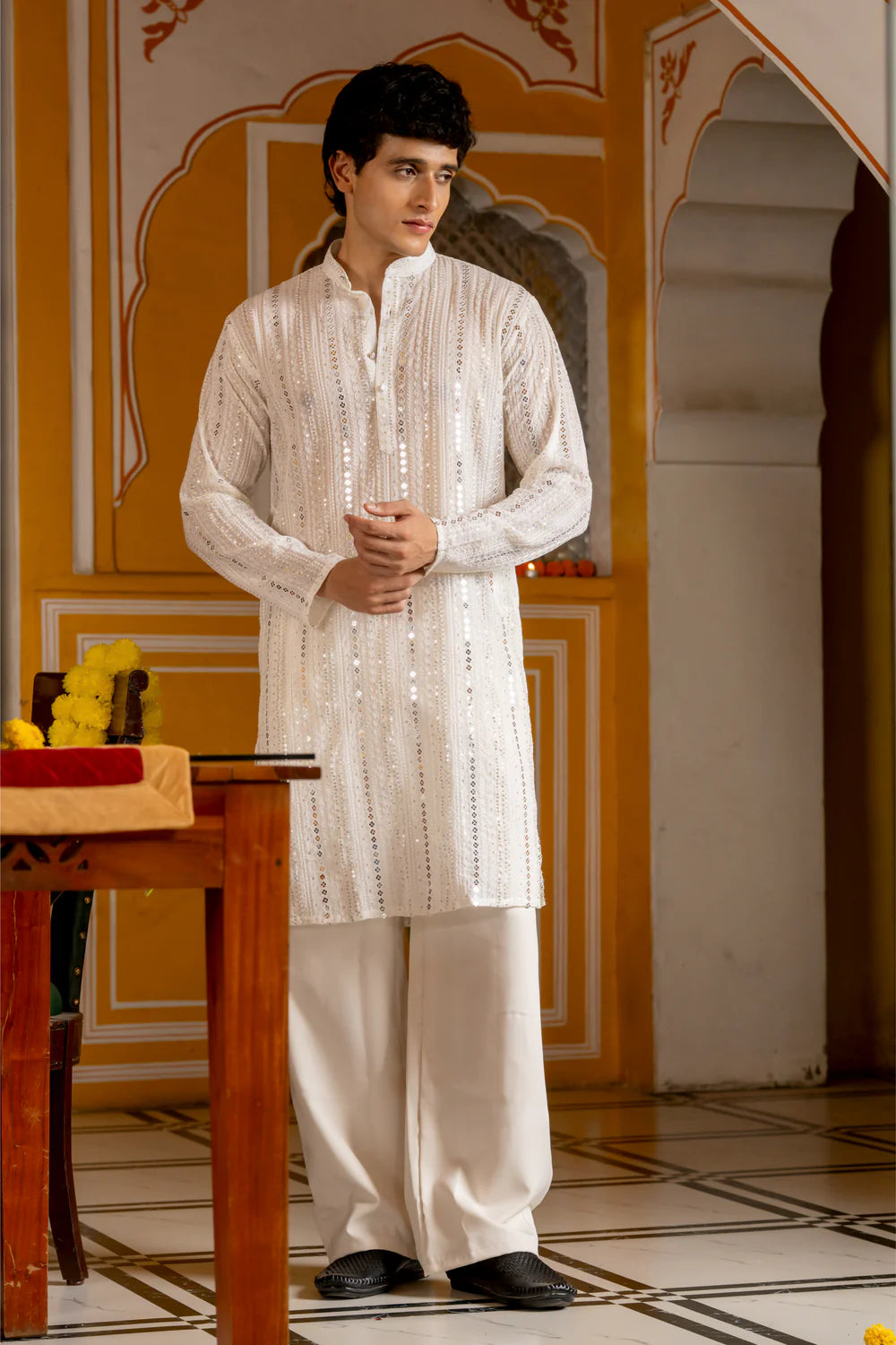 Royal White Sequin Embroidered Mens Kurta