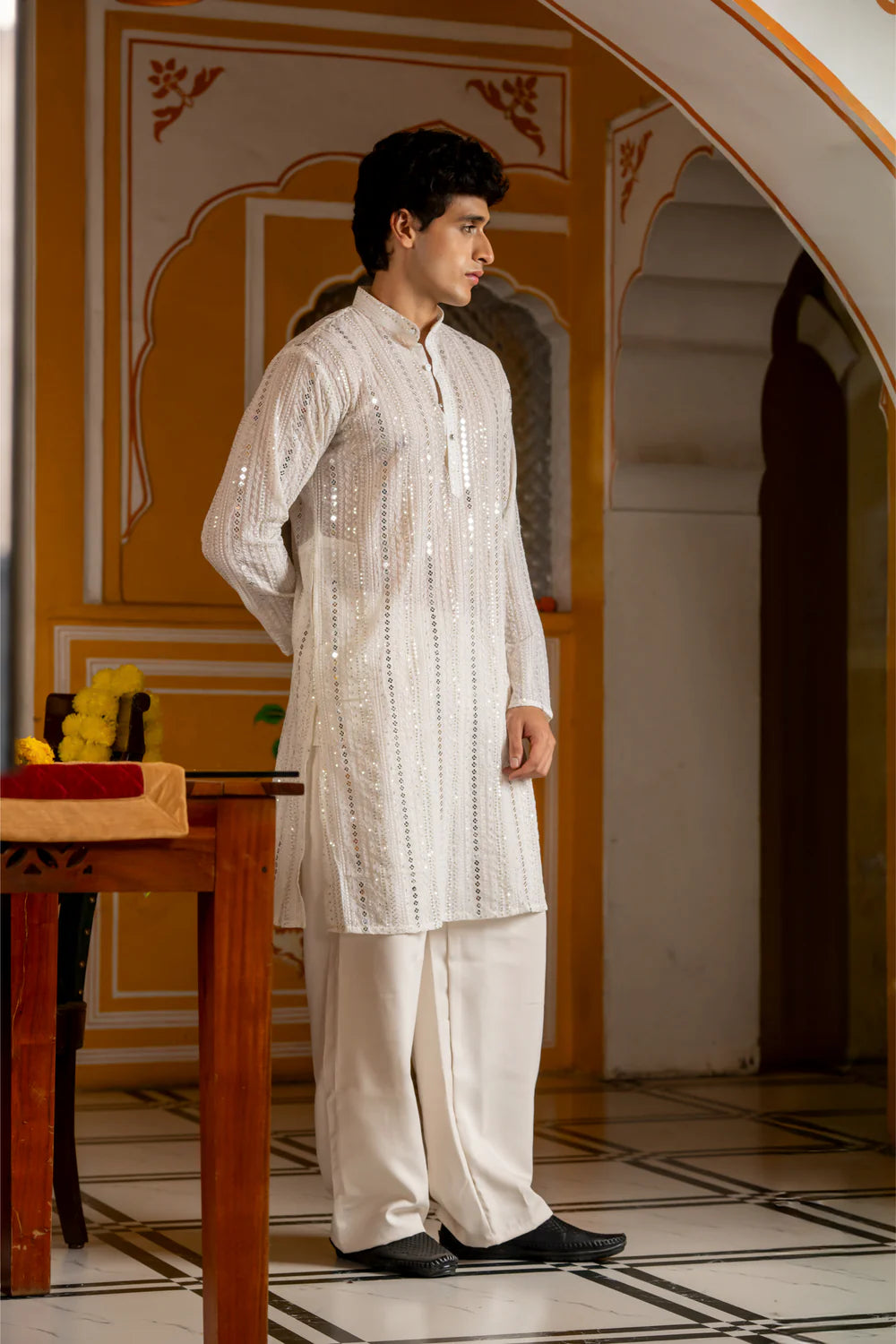 Royal White Sequin Embroidered Mens Kurta
