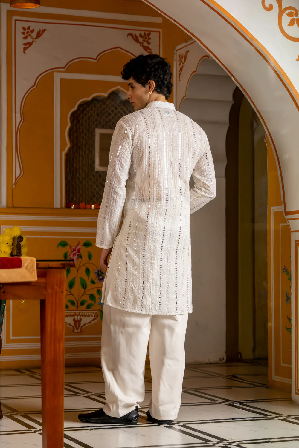 Royal White Sequin Embroidered Mens Kurta