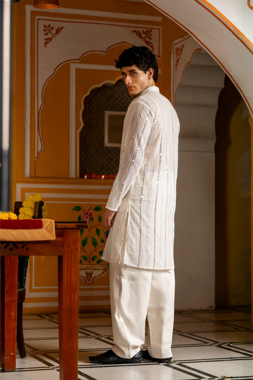Royal White Sequin Embroidered Mens Kurta