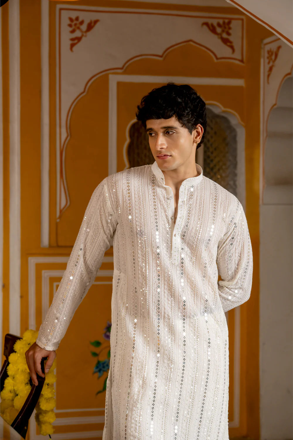 Royal White Sequin Embroidered Mens Kurta