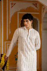 Royal White Sequin Embroidered Mens Kurta