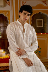Royal White Sequin Embroidered Mens Kurta