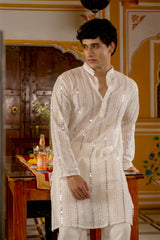 Royal White Sequin Embroidered Mens Kurta