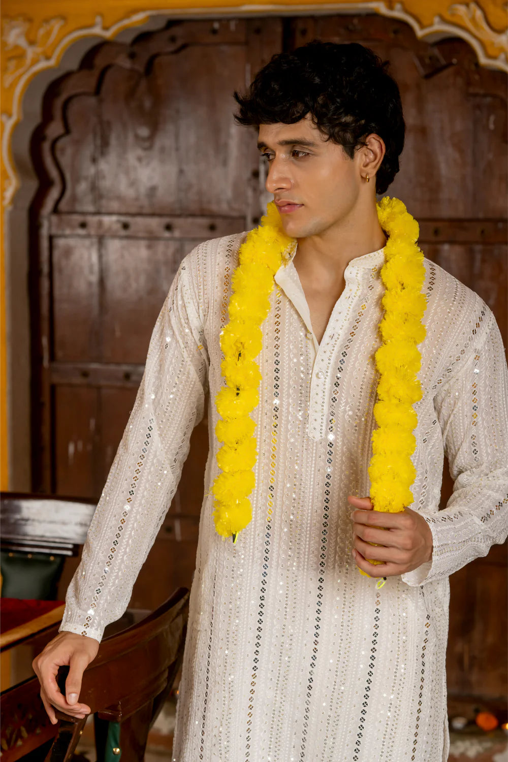 Royal White Sequin Embroidered Mens Kurta