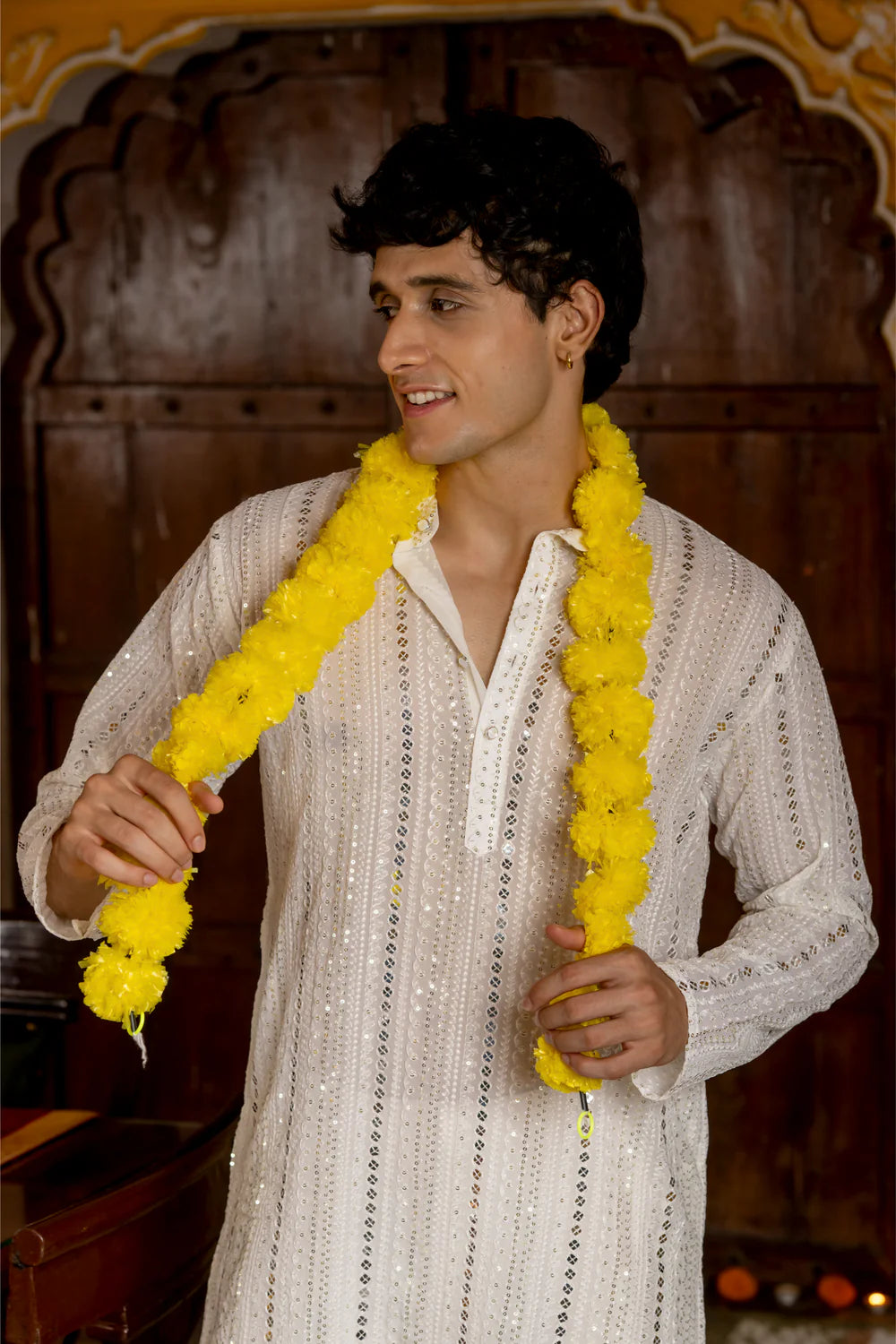 Royal White Sequin Embroidered Mens Kurta