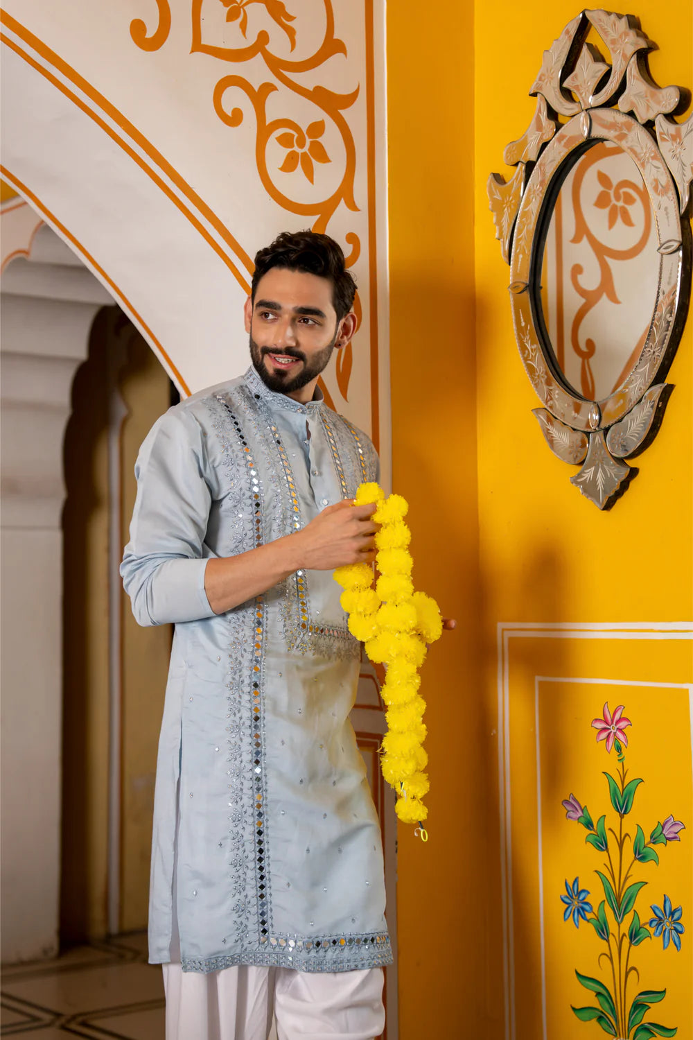 Pastel Blue Mirror Work Festive Mens Kurta