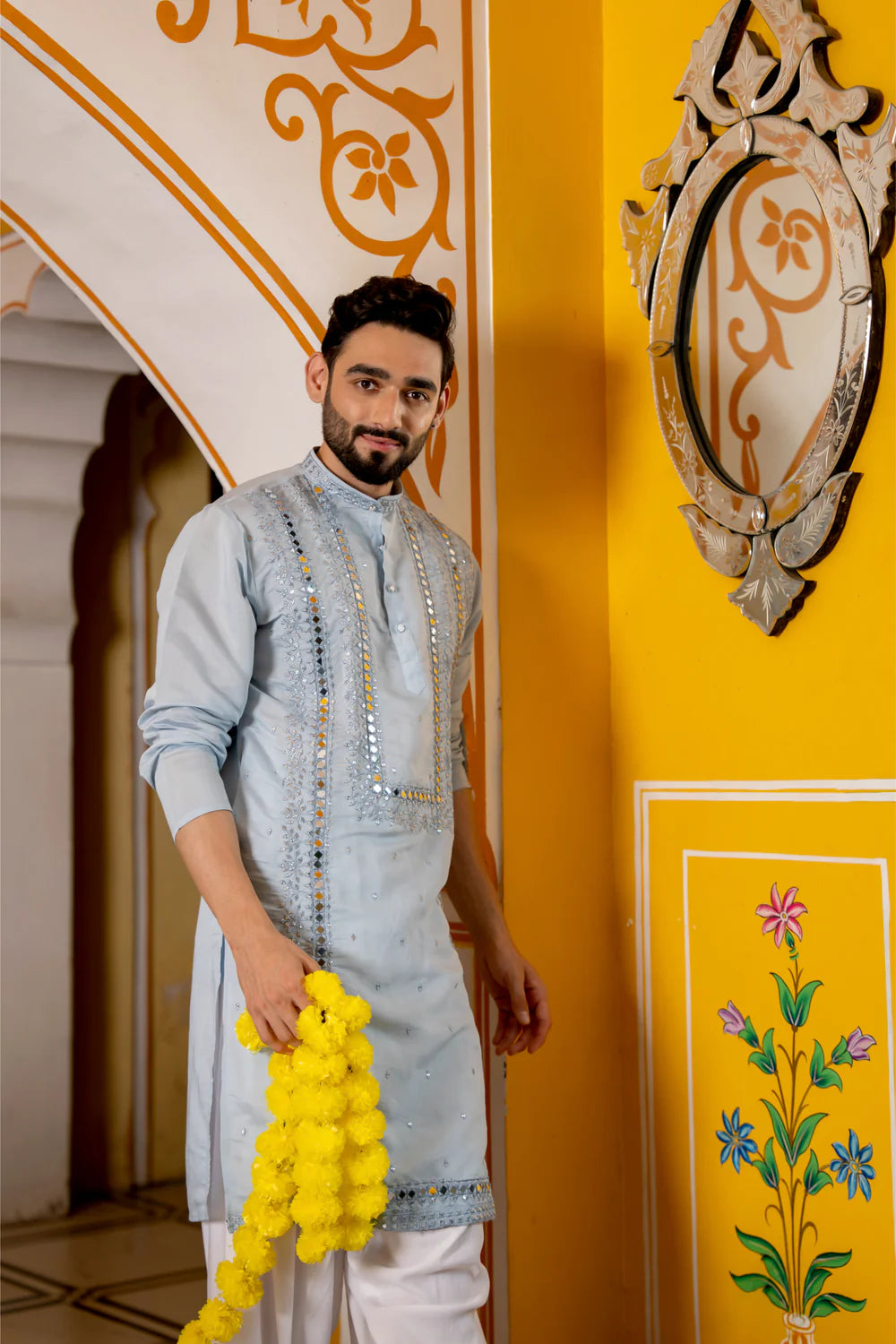 Pastel Blue Mirror Work Festive Mens Kurta