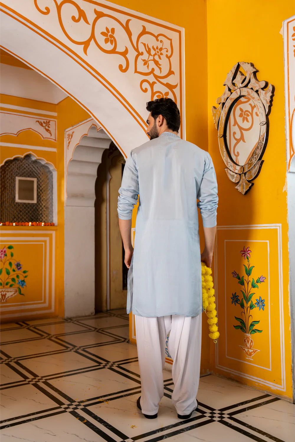 Pastel Blue Mirror Work Festive Mens Kurta