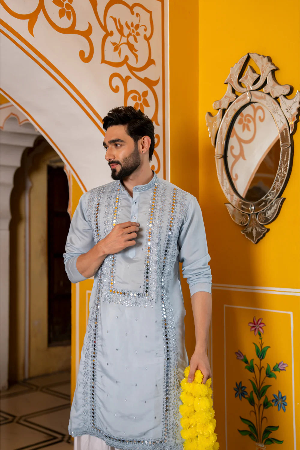 Pastel Blue Mirror Work Festive Mens Kurta