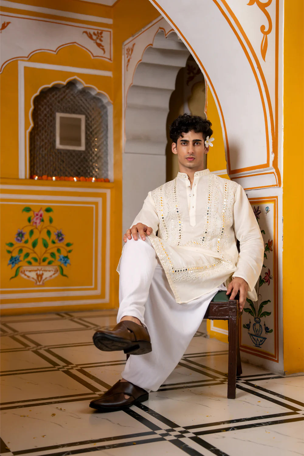 White Mirror Work Sparkling Mens Kurta