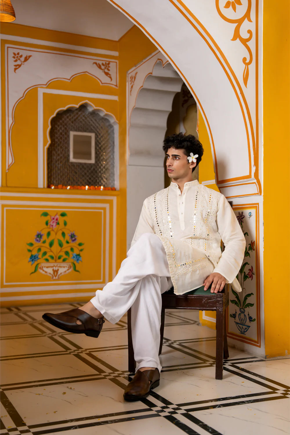 White Mirror Work Sparkling Mens Kurta