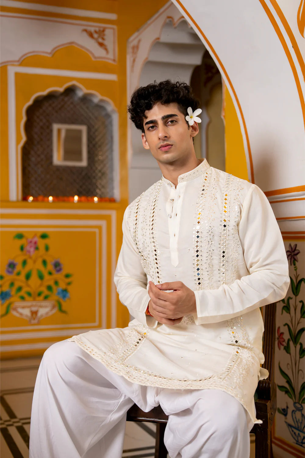 White Mirror Work Sparkling Mens Kurta