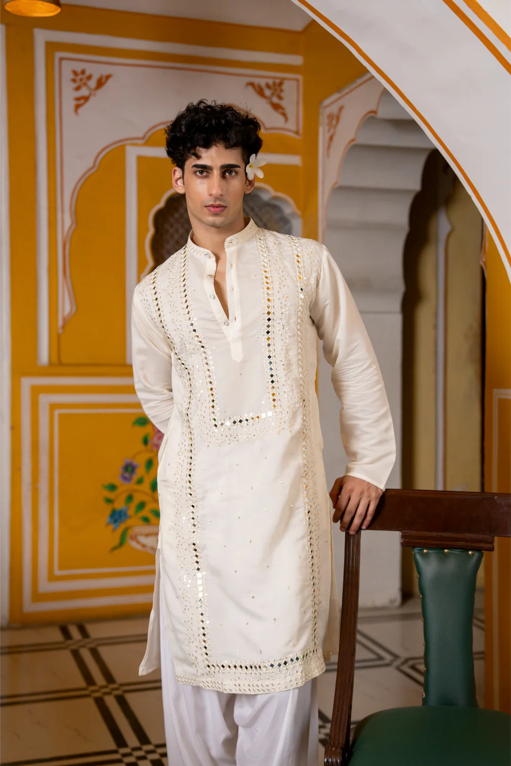 White Mirror Work Sparkling Mens Kurta
