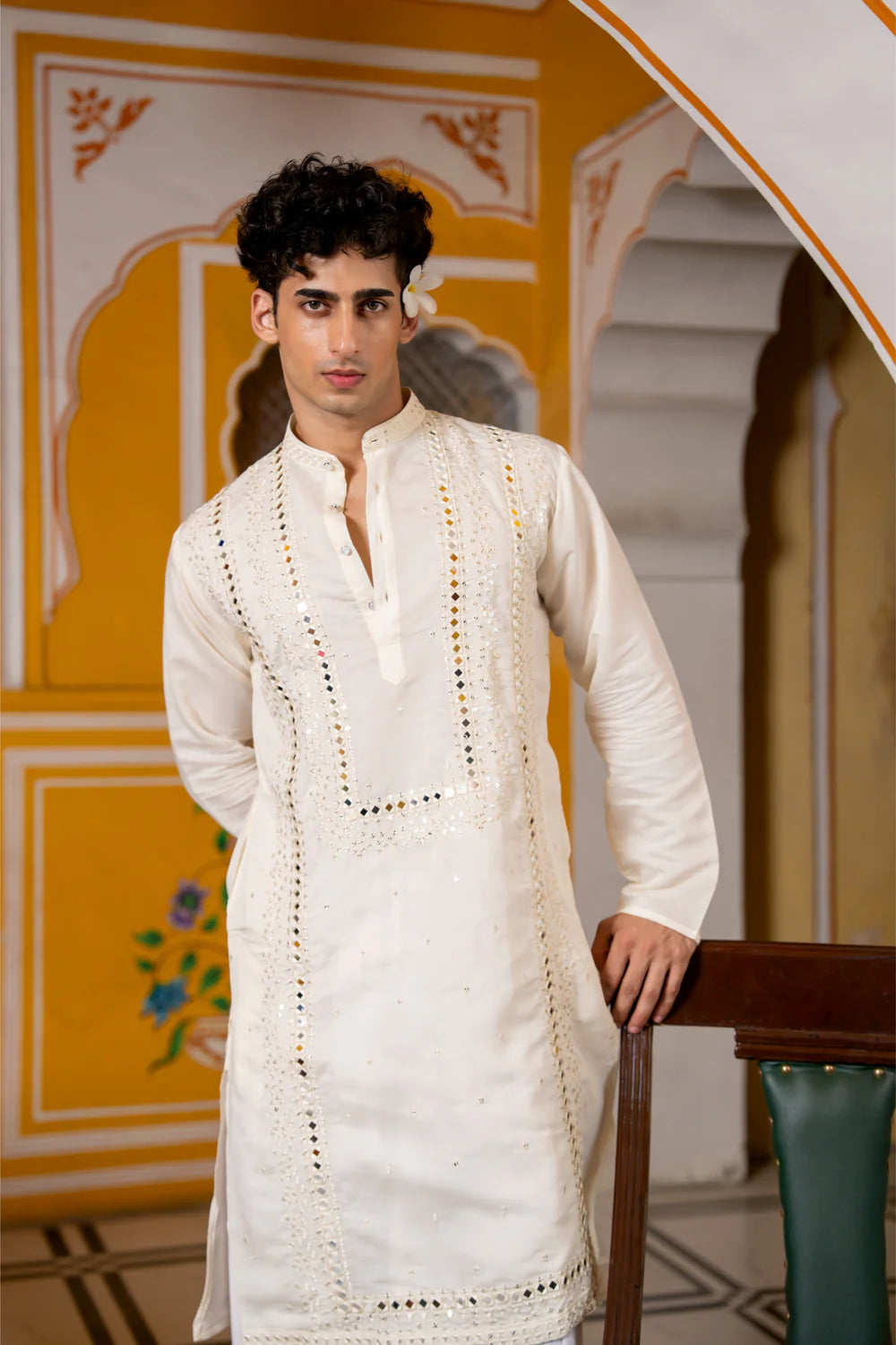 White Mirror Work Sparkling Mens Kurta