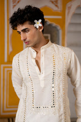 White Mirror Work Sparkling Mens Kurta