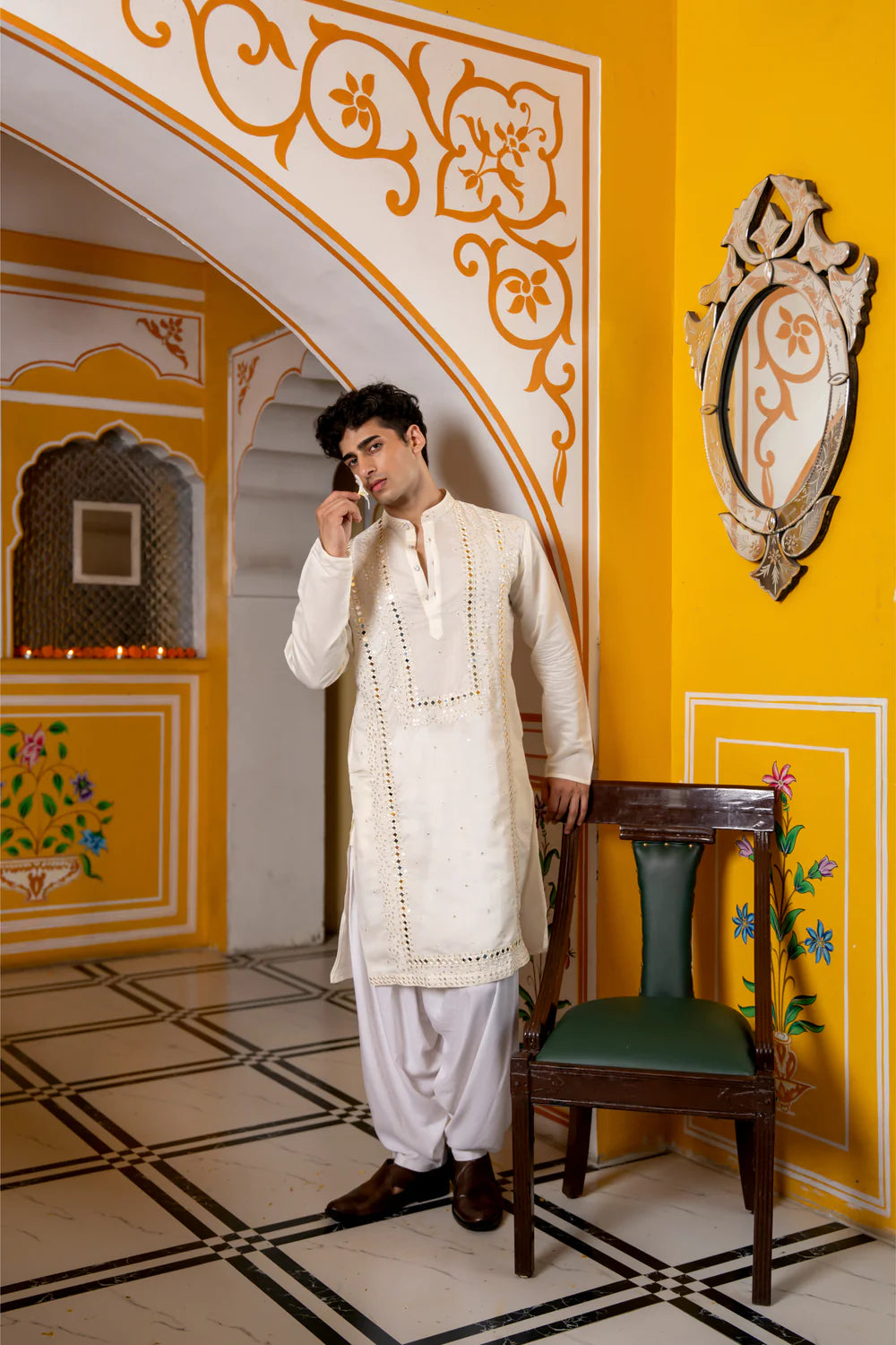 White Mirror Work Sparkling Mens Kurta