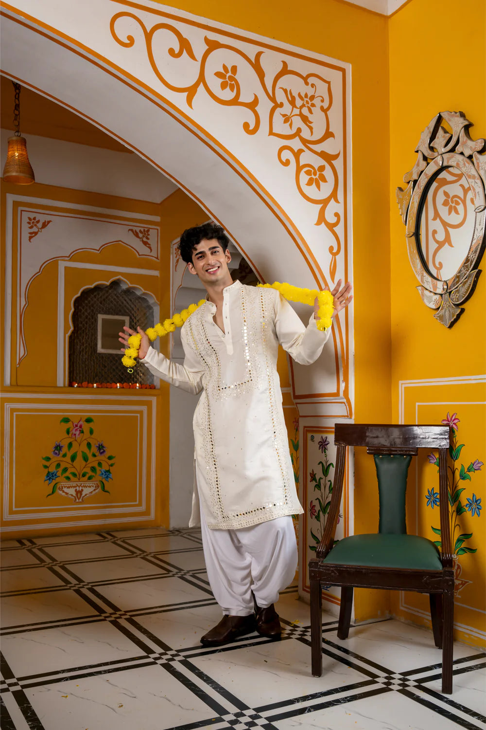 White Mirror Work Sparkling Mens Kurta