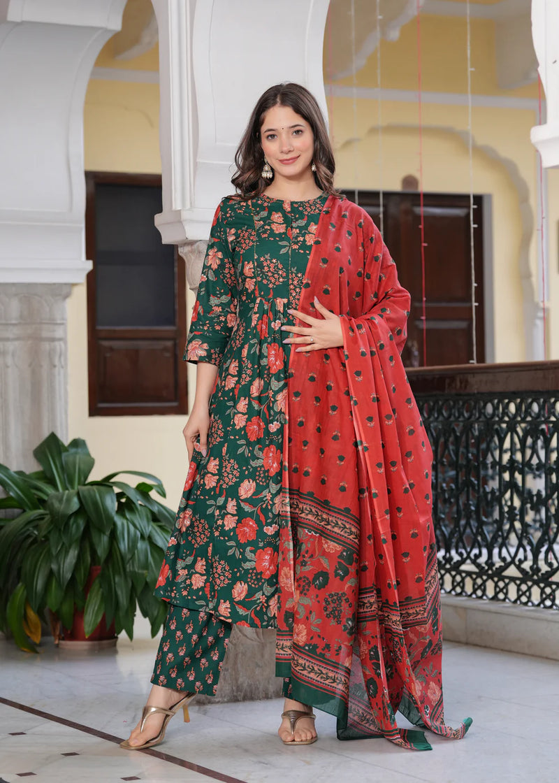 Coral Bloom Floral Cotton Suit Set with Dupatta
