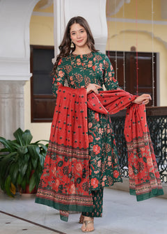 Coral Bloom Floral Cotton Suit Set with Dupatta