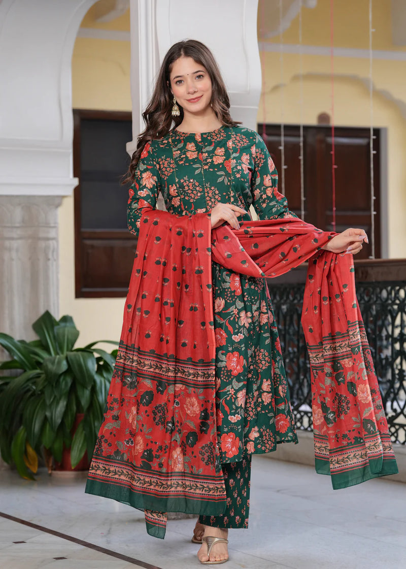 Coral Bloom Floral Cotton Suit Set with Dupatta