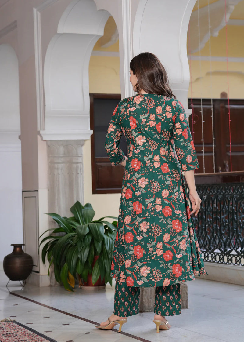 Coral Bloom Floral Cotton Suit Set with Dupatta