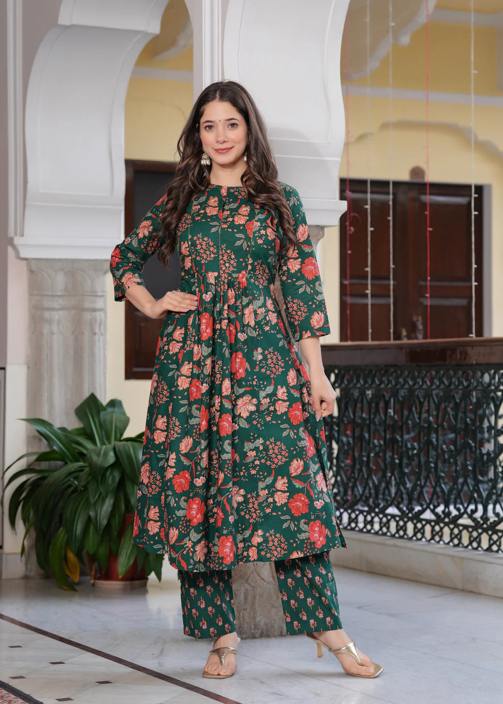 Coral Bloom Floral Cotton Suit Set with Dupatta