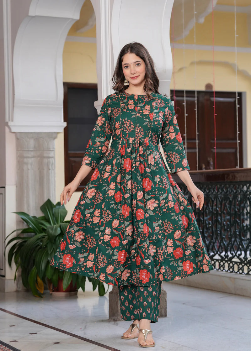 Coral Bloom Floral Cotton Suit Set with Dupatta
