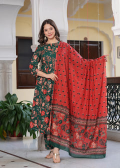 Coral Bloom Floral Cotton Suit Set with Dupatta