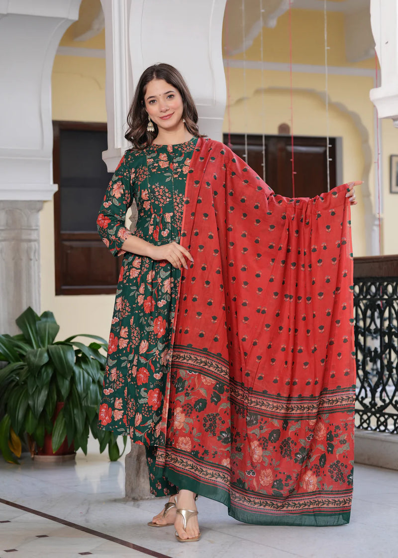 Coral Bloom Floral Cotton Suit Set with Dupatta