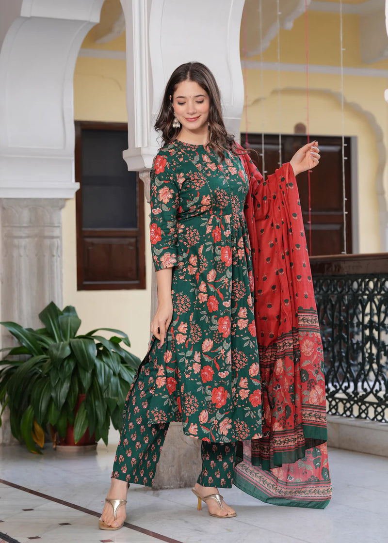 Coral Bloom Floral Cotton Suit Set with Dupatta