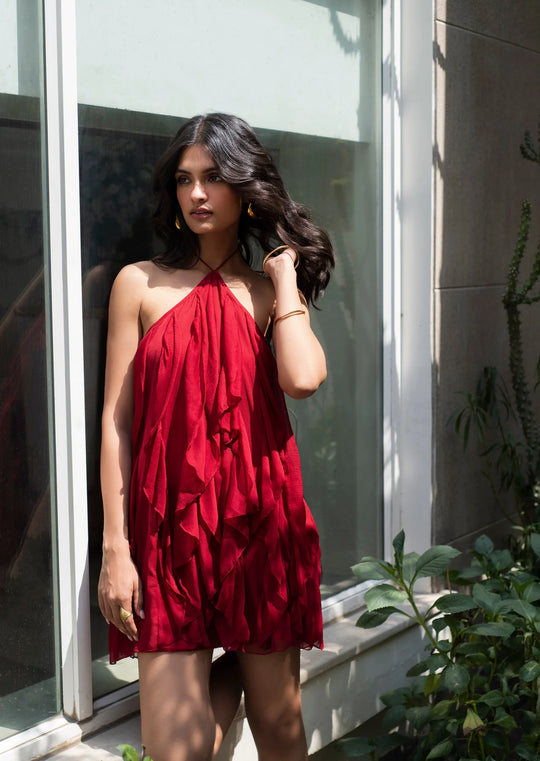 red halter neck mini dress