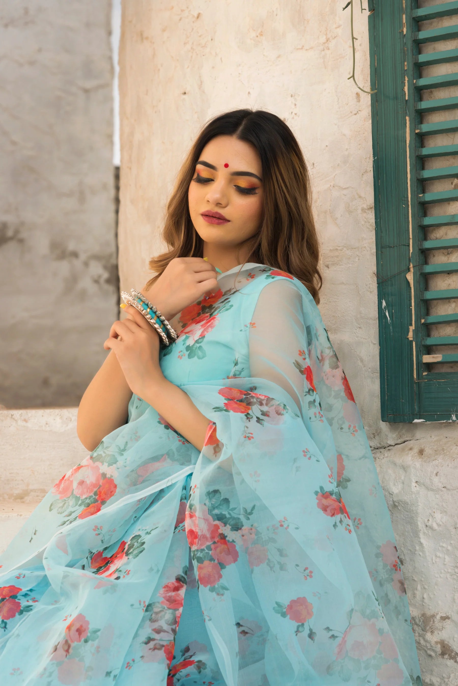 Chaand Blue and Red Organza Saree