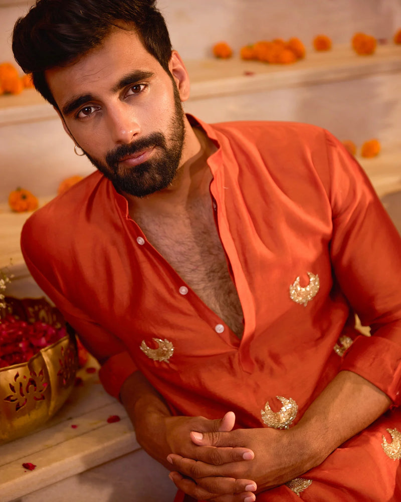 Chanderi Orange Embroidered Kurta
