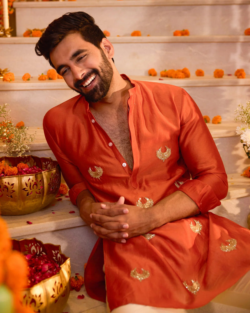 Chanderi Orange Embroidered Kurta