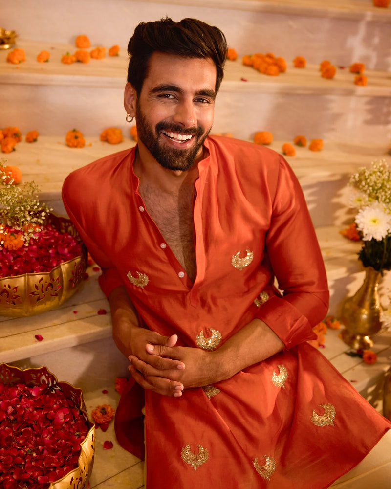 Chanderi Orange Embroidered Kurta