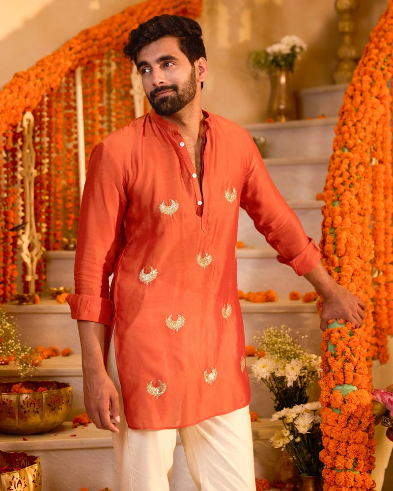 Chanderi Orange Embroidered Kurta